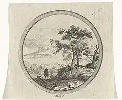 Landschaft mit zwei Männer und einem Hund