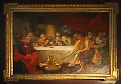 Gerahmtes Ölbild eines Tisches an dem Jesus und die Jünger sitzen