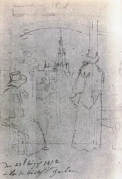 Caspar David Friedrich: Blick aus einer Laube auf die Nikolaikirche in Greifswald, 1818