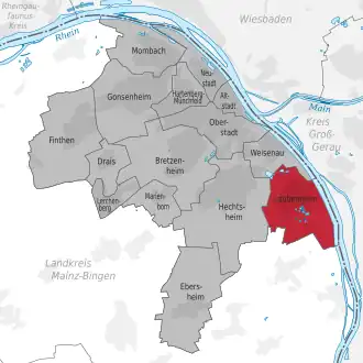 Lage des Stadtteils Mainz-Laubenheim (anklickbare Karte)