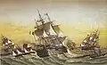 Das Geschwader von Vizeadmiral Penaud mit den Schiffen Ville de Paris, Algésiras und Gloire. (Ausschnitt aus: Louis Le Breton, témoin des marines du XIXème siècle)