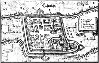 „Lechnich“ um 1646 mit der links des oberen Tores, außerhalb der Mauer, eingezeichneten Mühle