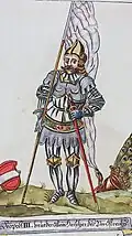 Erzherzog Leopold III. von Habsburg in Rüstung und mit Bindenschild (Chronik der Habsburger, der Zähringer und der Stadt Freiburg i. Br., 1798)