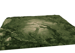3D-Darstellung eines niederigen, breiten und felsigen Berges, der von Tälern zerteilt ist