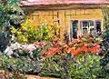Impressionismus. Der Farbauftrag bei den Pflanzen im Vordergrund ist pastos, beim Haus im Hintergrund flach und glatt. Max Liebermann: Blumenstauden ..., 1928.