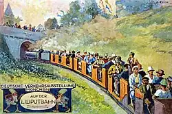 Liliputbahn der Verkehrsausstellung auf einer Postkarte