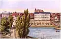 Blick vom Schloss über den neu gestalteten Alten Garten auf das Schauspielhaus; links das Kollegiengebäude; rechts die Baustelle des Großherzoglichen Palais