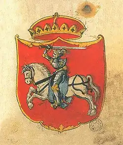 Authentisches Wappen Litauens mit historischen Farben (gules, argent, or und azure). Aus dem Wappenbuch Stemmata Polonica um 1555.[143]