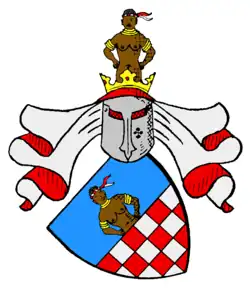 Wappen derer von Loeben, darin über Schach eine wachsende Mohrin mit eingestemmten Armen und Stirnbinde, deren Enden nach links abflattern; auf dem Helm die gleiche Mohrin