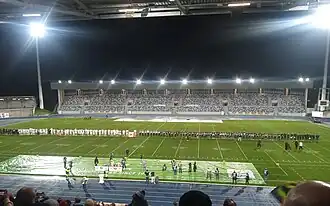 Das Lohrheidenstadion am 16. November 2025 beim Spiel der deutschen American-Football-Nationalmannschaft gegen Kanada aus Sicht der Westtribüne