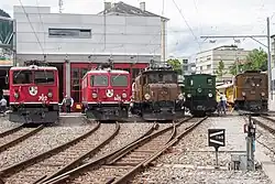 Lokomotiv-Parade bei der Wiedereröffnung des Bahnhofs Chur am 25. Mai 2008: Ge 6/6 II, Ge 4/4 I, Ge 6/6 I, G 3/4 „Rhaetia“, Ge 2/4. (2008)