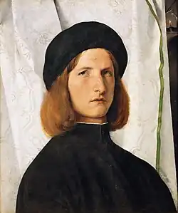 Bildnis eines Jünglings vor weißem Damastvorhang, 42,3 × 35,3 cm, Kunsthistorisches Museum, Wien, um 1506