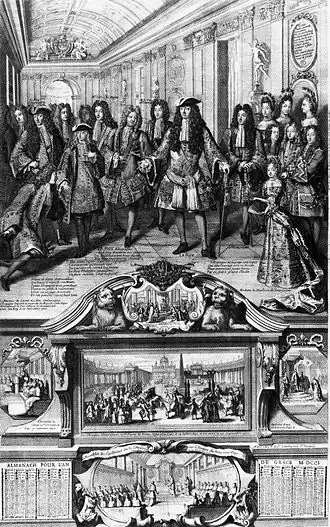 Ludwig XIV. erklärt seinen Enkel Philippe d’Anjou in Versailles zum neuen König von Spanien