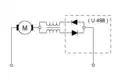 Schema Märklin-All­strommotor mit zwei Feldspulen und Fern­umschalter U 498, im Einsatz 1935–1938