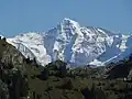 Mönch von Westnordwesten, vom Stockhorn aus gesehen (2014). Rechts im Hintergrund der Zackengrat des Trugbergs. Weiter rechts die Sphinx. Links der lange Grat zum Nördlichen Eigerjoch, darüber die Spitze des Grossen Fiescherhorns.