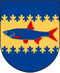 In Blau ein goldener Balken mit beidseitigem Tannenschnitt