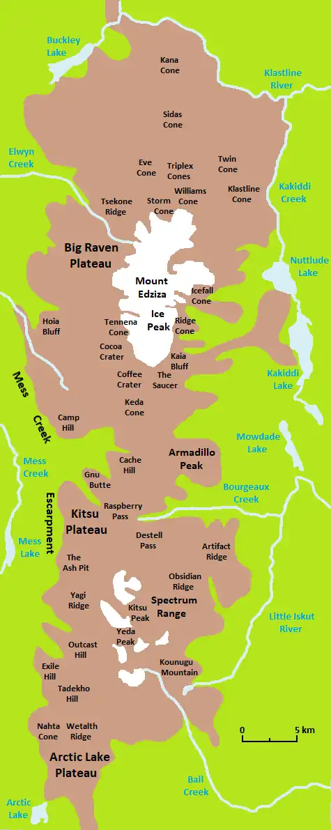 Eine vorwiegend grüne und braune Karte mit Lagebezeichnungen verschiedener geographischer Objekte