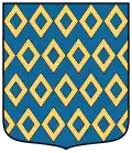 Blau, mit Fensterrauten (balken­weise aneinander­stoßend) besät (heraldisches Muster)