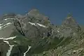 Hochfrottspitze (links), Mädelegabel (Mitte) und Trettachspitze (rechts) von Osten.