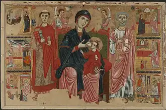 Meister der heiligen Magdalena: Thronende Madonna lactans mit hl. Petrus und hl. Leonhard (Ende 13. Jh.)