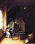 Schreibender alten Mann im Atelier, Gerrit Dou, 1631–1632, Öl auf Holz, 31,5&nbsp;× 25&nbsp;cm, Privatbesitz