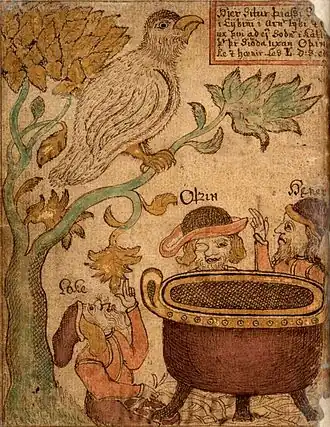 Die farbige Zeichnung zeigt einen Baum, auf dem ein Vogel sitzt, und darunter einen großen Kessel, um den herum drei bärtige Personen sitzen.