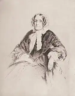 Jane Marcet als ältere Frau. Zeitgenössische, undatierte und anonyme Schwarzweiß-Illustration