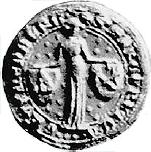 Margaretha von Kien (Ehefrau von Petermann&nbsp;I.): Rundsiegel, stehende weibliche Figur mit zwei Wappenschildern, rechts Sechsberg, links Kien[7]
