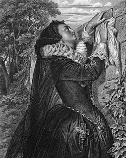 Maria Stuart aus Friedrich Schillers Drama Maria Stuart, als Stahlstich gestochen um 1859 nach einer Zeichnung von Arthur von Ramberg