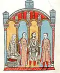 Die Verheiratung Gausfreds III. mit Ermengarde Trencavella, dargestellt im Liber feudorum maior, 12. Jahrhundert, …