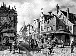 Blick vom Marienkirchhof in den Weiten Krambuden, Zeichnung von 1865