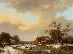 Ausladende niederländische Flusslandschaft mit Menschen auf zugefrorenen Fluss, 1844