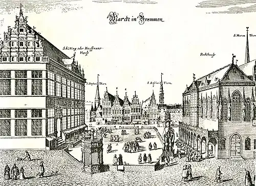 Bremer Marktplatz um 1640; Schütting (links) zu groß dargestellt, Pranger im Vordergrund