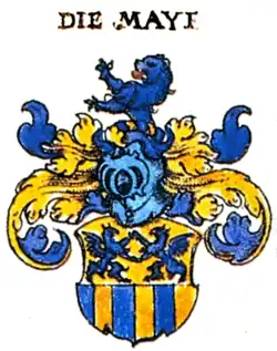 Mit Greifen verballhorntes Wappen der Familie May in Siebmachers Wappenbuch 1605