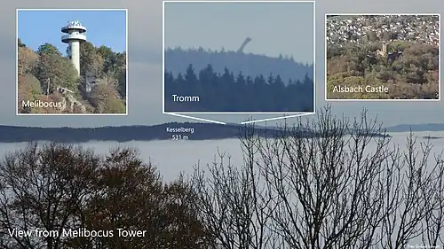 Blick vom Melibokusturm: Im Südosten ist der Trommturm zu sehen (mittleres Bild), im Nordwesten das Alsbacher Schloss (rechtes Bild). Blick vom Alsbacher Schloss zur Drachenfliegerrampe und Melibokusturm (linkes Bild)