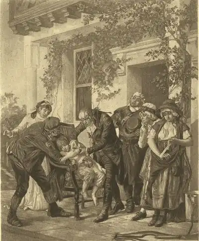 Darstellung der Impfung von James Phipps, Lithographie von Gaston Mélingue (um 1894)
