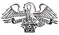 Wappen-Helmzier des Adelswappens der Grafen von Mensdorff-Pouilly mit dem Schlachtruf Sans varier