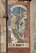 Restaurierung des Fassadenfreskos (ursprünglich 15. Jhdt.) des heiligen Sebastian und des vor ihm knienden Prälaten Sebastian Glatz, Pfarrkirche St. Nikolaus, Meran