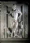Statue des römischen Gottes Mercur, mit seinen Attributen Flügelhelm, Schlangenstab, Flügelschuhe, Geldbeutel, Hahn und Ziegenbock; 17. Jahrhundert