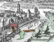 Darstellung des Mühle mit einem Steg über den Eselwerder zum Tanzwerder durch Merian um 1654 (Ausschnitt)