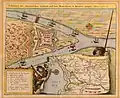 Matthäus Merian: Abbildung der Schwedischen Schantz auff dem Weysselstrom in Preußen gelegen. Anno 1626. Während des Krieges vorübergehend angelegtes Werk zur Blockade der Weichselmündung.