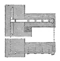 Detailschnitte eines im Mauerwerk verdeckten Balkenankers: oben Seitenansicht, unten Draufsicht (Meyers Konversationslexikon, 1885–90).