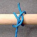 Beutelknoten[9][1] (auf Slip gelegt hat er die Ashley #1244). Dieser Müller­knoten zieht sich besser zusammen, als die bisher genannten Müller­knoten und ist sehr praktisch.[1] Als Festmacherknoten wird er Spieren­schlag genannt und ist ein Kreuz­knoten (ABOK #1187).