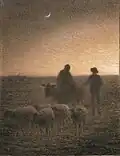 Das Motiv (Schafe, Ochse, Personen), die diffuse Abendbeleuchtung und vor allem die unscharfen Konturen ergeben ein harmonisches und stilles Bild. Jean-François Millet: Dämmerung, um 1859–1863.