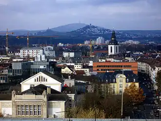 Blick von Gießen vorbei an den Burgen Vetzberg (links) und Gleiberg (rechts) nordwestwärts zum Dünsberg