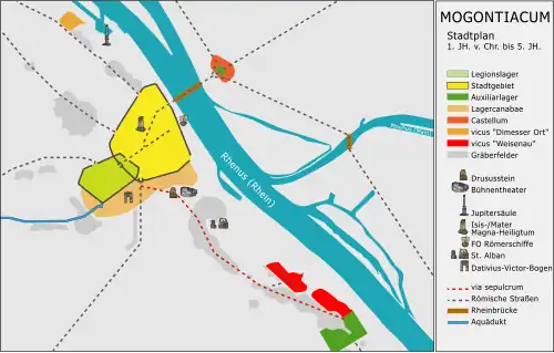 Stadtplan von Mogontiacum (Mainz), wo vermutlich der Rheinübergang von 406 erfolgte