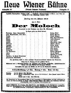 Plakat für die Uraufführung: Der Moloch von Leo Birinski am 21. Jänner 1910.