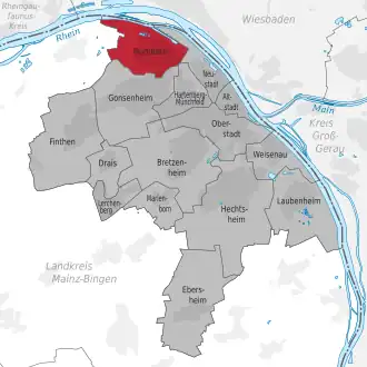 Lage des Stadtteils Mainz-Mombach (anklickbare Karte)