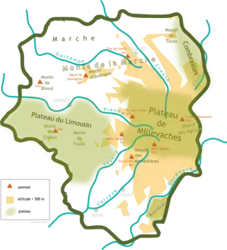 Lagekarte des Plateau du Limousin im nordwestlichen Zentralmassiv