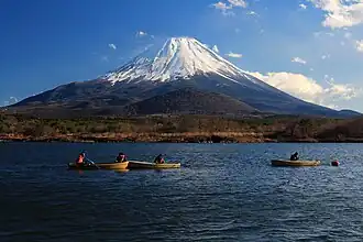 Blick vom Shōji-See auf den Fuji-san